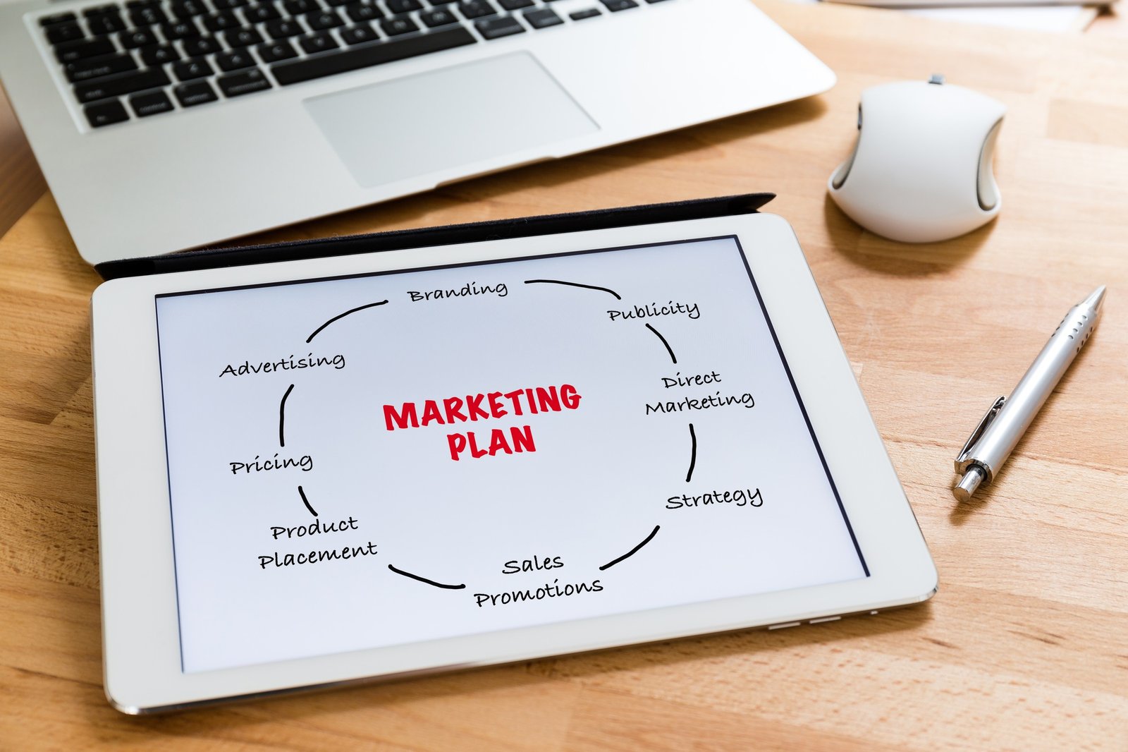 Business office table with table pc presenting marketing planning